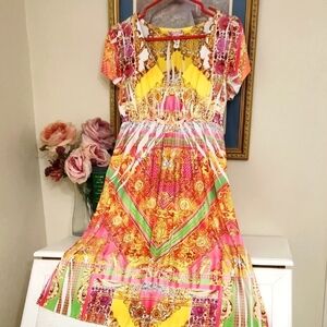 Vibrant Multicolor Short Sleeve Bohemian Dress Size Large Colorful Art To Wear